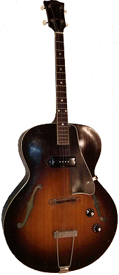 This 1950ish electric tenor from Gibson represents perhaps the height of tenor guitar design.  In the 1940s, and early 1950s, it could hold its own with any six-string arch-top, but at electric guitar styles expanded, it was left behind.