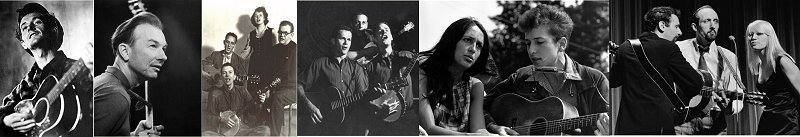 Key influences and members of the Folk Revival movement: Woody Guthrie, Pete Seeger, the Weavers, the Kingston Trio, Joan Baez, Bob Dylan, and Peter, Paul, and Mary.  Click for a bigger image.