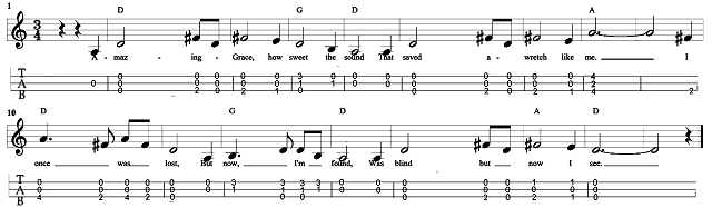 Amazing Grace, arranged for DAD Appalachian Dulcimer.  Click for bigger picture.