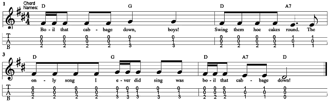 A simple arrangement of 'Boil That Cabbage Down' for DAD-tuned Appalachian dulcimers.  Click for bigger picture.