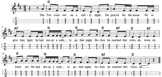The Fox Went Out, arranged for DAD dulcimer. Click to see a bigger picture.