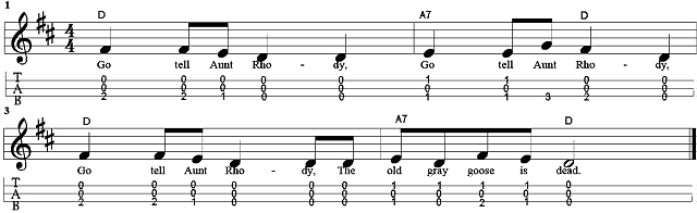 Go Tell Aunt Rhody in the key of D for DAD dulcimers.  Click for bigger picture.