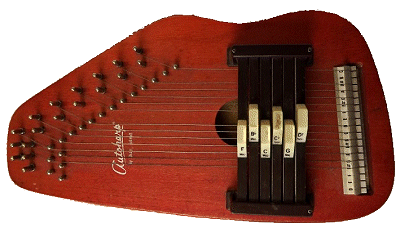 Oscar Schmidt's 6-chorder, invented for children in the 1970s, made it possible to play 3-chord songs in G. Click for bigger photo.