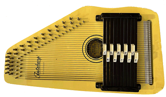 The hard-to-find OS-10 was not only a good portable, child-friendly size.  It also had Folk-friendly chords that are still left off of most full-sized Oscar Schmidt Autoharps. Click for bigger photo.