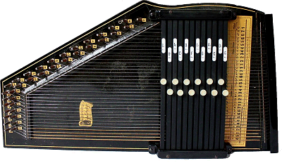 Oscar Schmidt's Model 73 defined the shape of 'full-sized' autoharps between 1926 and 1968, though a number of autoharps in this shape were made well into hte 1970s.  Click for bigger photo.