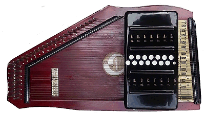 A Hopf-built, Musima-branded 15-chord autoharp.  This design was probably produced before the GDR forced a brand change, but most the surviving examples have the GDR's Musima brand.  Click for bigger photo.