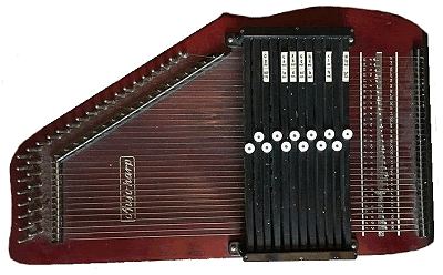 A Hopf-built 12-chord autoharp that probably dates to the Musima era, when the Hopf family brand or or rose decals were forbidden.  I have seen one of these restored, and it's a very nice instrument.  Click for bigger photo.