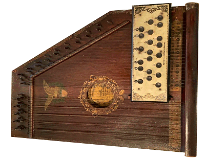 The Victor Harp made playing the melody easier by adding buttons that would pick the string like a harpsichord, giving what they hoped would sound like a mandolin. Click for bigger photo.