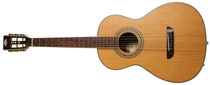 Washburn's discontined WP11SNS parlor guitar with 1800s-appropriate markings, a purportedly solid cedar face, and a slotted head.  Looks like a good candidate for mid-to-late 1800s reenactments.  Click for bigger photo.