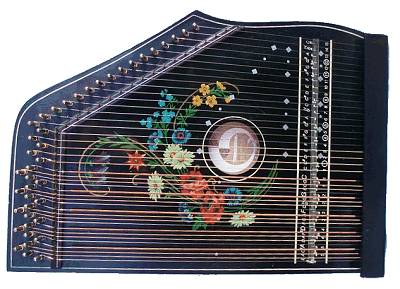 This Musima-branded zither is identical to many made before WWII, except that the rose decal has been replaced with wildflowers, a design that the Hopf family still uses today. Click for bigger photo.