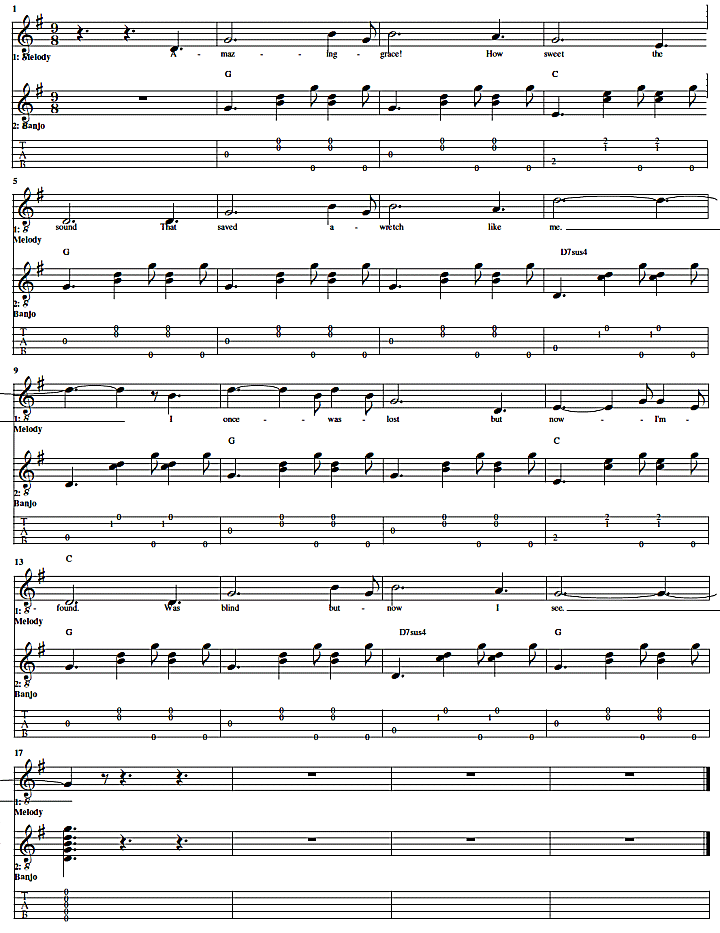 A 9/8 banjo arrangement of 'Amazing Grace.' Click for pdf.