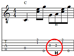 In C Tuning, hammering from the G to the A on beat 3 adds a little more texture to the music.